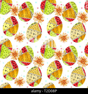 Seamless pattern with Easter eggs with a colorful pattern in doodle style. Spring holiday painted eggs with yellow daisies. Geometric shapes, plants a Stock Photo