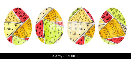 Set of 4 Easter eggs with abstract colorful pattern in doodle style. Spring holiday painted eggs with red, orange, yellow, green and beige spots. Geom Stock Photo