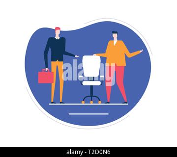 Available vacancy - flat design style colorful illustration on white background. Unusual composition with male HR managers searching for a candidate,  Stock Vector