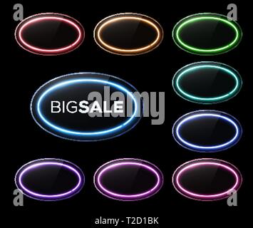 Oval frame. Neon sign. Halogen led lamp banners. Stock Vector