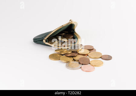 small leather wallet with coins  isolated on white background Stock Photo