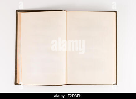 Blank open book isolated, top front view. brown hardcover with black Stock Photo