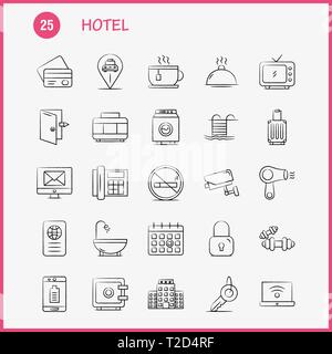 Hotel Hand Drawn Icons Set For Infographics, Mobile UX/UI Kit And Print Design. Include: Check In, Check Out, Door, Hotel, Mobile, Cell, Icon Set - Ve Stock Vector