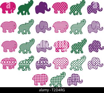 Elephants silhouettes in different styles Stock Vector