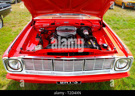 Clean engine compartment of a restored classic car with V8 at Pick-Nick 2018, Classic car show in Forssa, Finland. 05.08.2018 Forssa, Finland Stock Photo