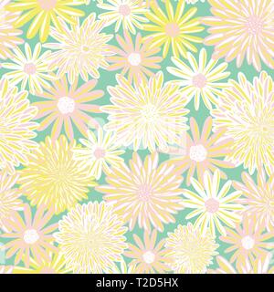 Spring flowers seamless vector pattern. Pink yellow white Daisy and Aster flowers on green background. Contemporary seasonal floral repeat tile. Hand Stock Vector
