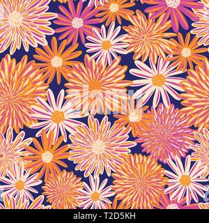 Bright Summer flowers seamless vector pattern. Pink orange white Daisy and Aster flowers on blue background. Contemporary seasonal floral repeat tile Stock Vector