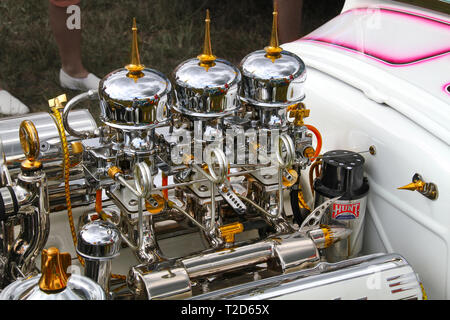 Fully chromed V8 Cadillac engine at Pick-Nick 2018, Classic car show in Forssa, Finland. 05.08.2018 Forssa, Finland Stock Photo