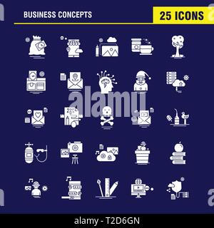 Business Concepts Solid Glyph Icons Set For Infographics, Mobile UX/UI Kit And Print Design. Include: Laptop, Computer, Email, Message, Website Settin Stock Vector