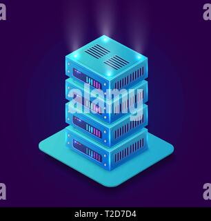Isometric 3D blockchain bitcoin data center computer objects, cryptocurrency server hosting, cloud storage place. Violet vector illustration Stock Vector