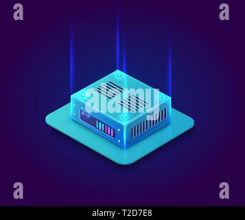 Isometric 3D blockchain data bitcoin center computer objects, cryptocurrency server hosting, cloud storage place. Violet vector illustration Stock Vector