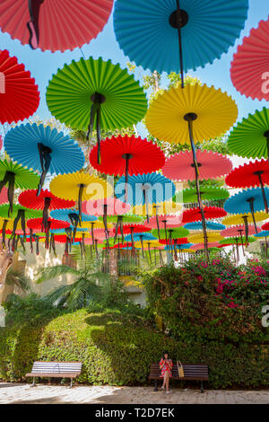 Colourful parasols strung up together over a park on a blue sky background Stock Photo