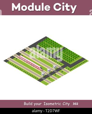 Isometric rail transport in the forest, for traveling by train on a track with a locomotive and cargo at speed. Vector illustration, Stock Vector