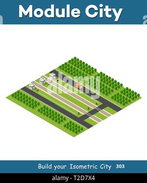 Isometric rail transport in the forest, for traveling by train on a track with a locomotive and cargo at speed. Vector illustration, Stock Vector