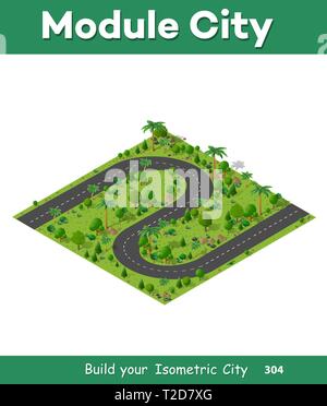 Isometric natural forest landscape, vector illustration of a road, scenery design in 3d with trees. The green element of the city street and the town  Stock Vector