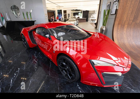 Red Lykan Hypersport supercar by W Motors that was used on Furious 7 film, Dubai, United Arab Emirates Stock Photo