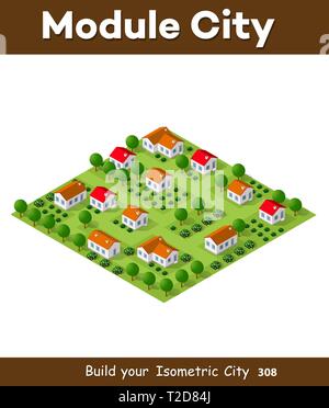 Isometric Vector Nature Rural Illustration Of Village Ranch And Farm Countryside With 3d Agriculture Building House And Barn, Green Field Stock Vector