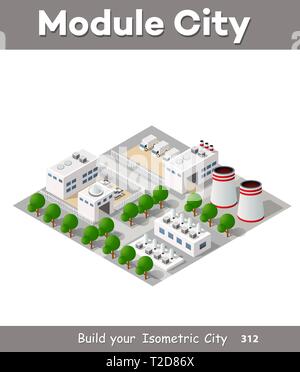 Vector isometric factory building of the city industry of industrial plant, 3d manufacture, warehouse, business architecture. Stock Vector