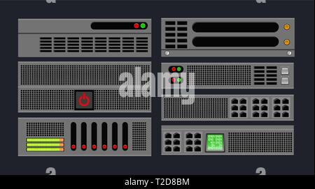 Set of computer server center hosting of business technology blockchain, network internet data. Vector illustration for database storage icon security Stock Vector