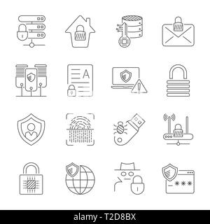 Internet Security and Digital Protection icons set in thin line style. Technology of Protection in digital world. Editable Stroke. EPS 10 Stock Vector