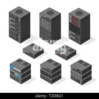 Isometric set 3D computer for a crypto server for network internet data. Vector illustration of technology blockchain digital mining for business farm Stock Vector