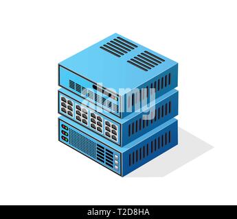 Isometric 3D computer for a crypto server for network internet data. Vector illustration of technology blockchain digital mining for business farm web Stock Vector