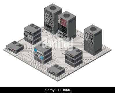 Isometric 3D set web server computer network technology for design illustration communication information internet database security. Stock Vector