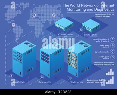 Data center technology server for service blockchain network customer communication information. For business isometric background, abstract digital w Stock Vector