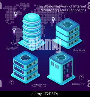 The server room data digital system concept for cloud processing and network datacenter computer. Security center communication equipment. Vector isom Stock Vector