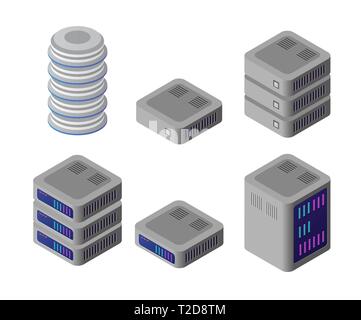 The server room data digital system concept for cloud processing and network datacenter computer. Security center communication equipment. Vector isom Stock Vector