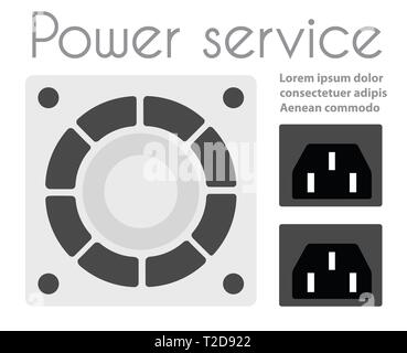 Set of computer parts and device technology of pc hardware components cooler accessories chip processor power server. Electric design devices icon con Stock Vector