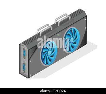 Isometric computer video card technology pc with chip cooler and graphics processor Stock Vector