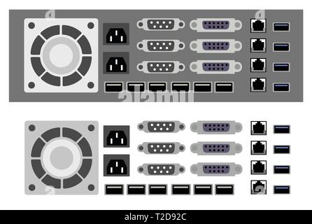 Set of computer parts and device technology of pc hardware components cooler accessories chip processor power server. Electric design devices icon con Stock Vector