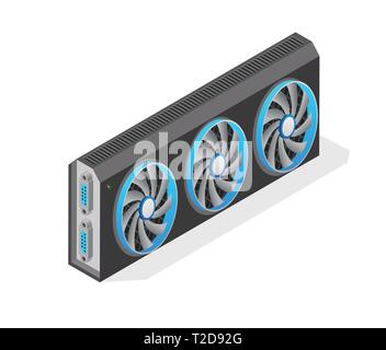 Isometric computer video card technology pc with chip cooler and graphics processor Stock Vector