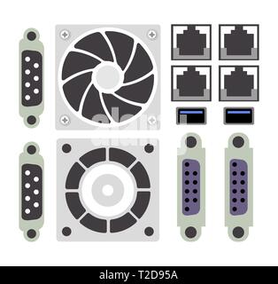 Set of computer parts and device technology of pc hardware components cooler accessories chip processor power server. Electric design devices icon con Stock Vector