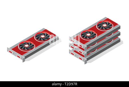 3d isometric video graphic card of an electronic server of cloud tech network connects payment technology for business concept background. Digital chi Stock Vector