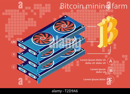 Isometric electronic bitcoin mining farm coin money for the digital business of internet payment finance exchange concept illustration. Stock Vector