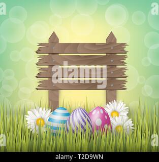 Easter background with realistic 3d colorful eggs, wooden sign, and daisy flowers on green backdrop. Vector illustration. Stock Vector