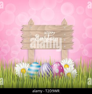 Happy Easter background with realistic 3d colorful eggs, wooden sign, and daisy flowers on pink backdrop. Vector illustration. Stock Vector
