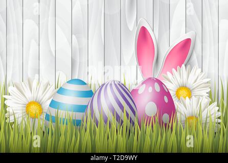 Easter background with painted 3d realistic eggs in green glass and flowers on white wooden backdrop. Vector illustration. Stock Vector