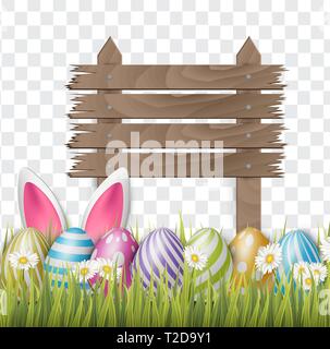 Easter background with realistic 3d colorful eggs, wooden white sign, and daisy flowers on transparent backdrop. Vector illustration. Stock Vector