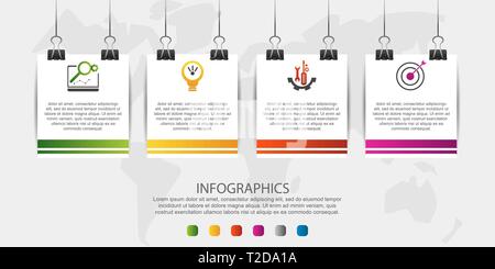 Modern 3D vector illustration. Infographic square template with four elements, icons, clips. Step by step designed for business, presentations, web Stock Vector