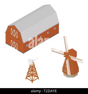 Isometric red barn, windmill and water aerating windmill. Farm buildings isolated on white background Stock Vector