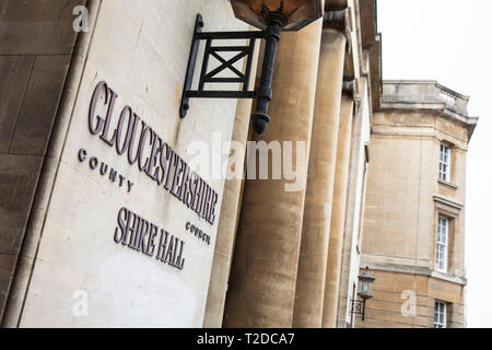 Signage outside Gloucestershire County Council Shire Hall building in Gloucester city centre, March 2019. Stock Photo