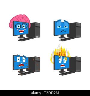 Computer emoji set. PC Smart and infected. Fire and crying. data processor Collection of situations Stock Vector