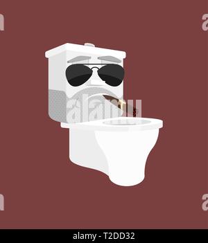 Brutal hard Toilet bowl Serious isolated. lavatory with cigar emoji Cartoon Style Stock Vector