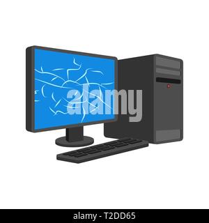 Broken Computer cracked screen PC isolated. data processor Vector illustration Stock Vector