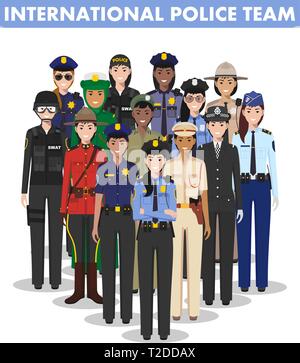 International police people concept. Detailed illustration of SWAT officer, policeman, policewoman and sheriff in flat style on white background Stock Vector