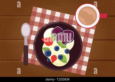 Set of breakfast food on wooden surface background in flat design style. Breakfast time. Vector illustration. Stock Vector