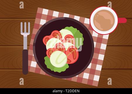 Set of breakfast food on wooden surface background in flat design style ...